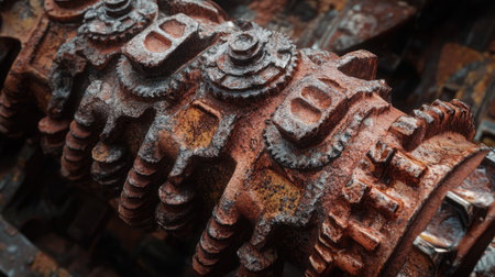 A high-resolution close-up of a mining drill bit covered in dust and grime.の素材