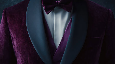 A deep purple velvet tuxedo with a smooth satin lapel.の素材