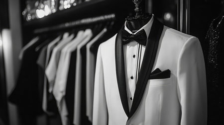 A crisp white dinner jacket with black contrast lapels and buttons.の素材