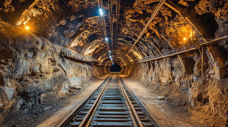 A deep underground coal mine with conveyor belts transporting materials.の素材