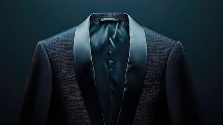 A formal black blazer with a glossy satin lapel and tailored cut.の素材