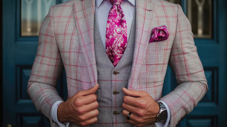 A designer suit with a bold plaid pattern and modern cut.の素材