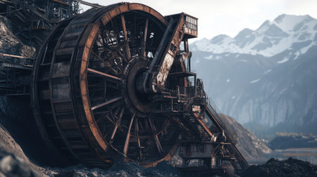 A close-up of a massive bucket-wheel excavator in a mining operation.の素材