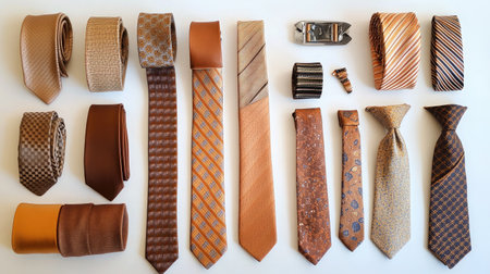 A collection of ties and suit accessories arranged on a white surface.の素材