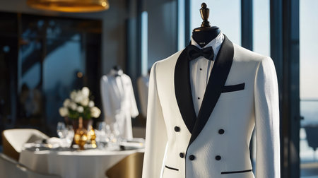 A crisp white dinner jacket with black contrast lapels and buttons.の素材