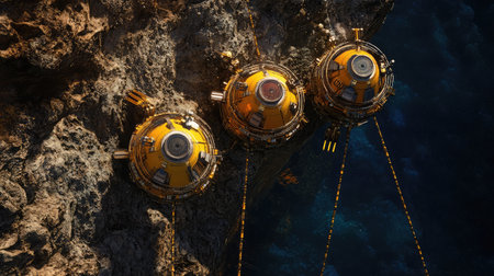 A futuristic asteroid mining operation concept with robotic machinery.の素材