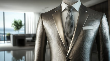A modern fitted suit with a metallic finish for a futuristic look.の素材