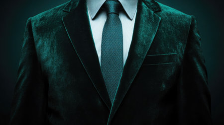 A dark green velvet suit jacket with a sophisticated slim fit.の素材
