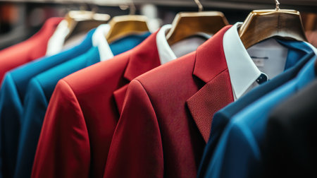 A selection of dress suits arranged on hangers in a showroom.の素材