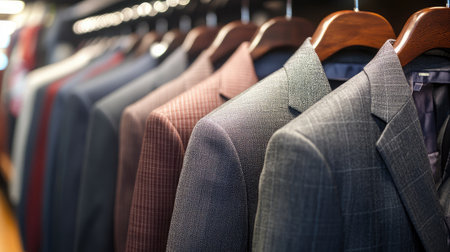 A selection of dress suits arranged on hangers in a showroom.の素材