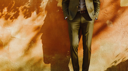 A tailored olive green suit with structured shoulders and slim lapels.の素材