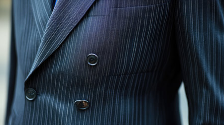 A stylish pinstripe double-breasted suit with peak lapels.の素材