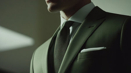 A tailored olive green suit with structured shoulders and slim lapels.の素材