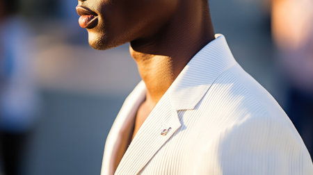A white and blue seersucker suit for warm weather styling.の素材