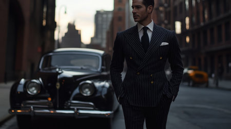 A stylish pinstripe double-breasted suit with peak lapels.の素材