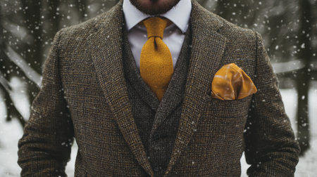 A winter wool suit with a matching vest and classic tie.の素材
