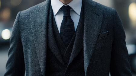 A winter wool suit with a matching vest and classic tie.の素材