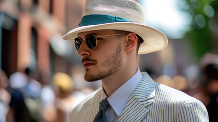A white and blue seersucker suit for warm weather styling.の素材