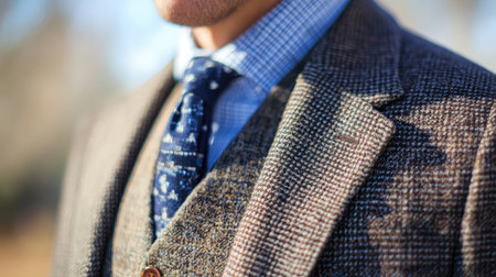 A winter wool suit with a matching vest and classic tie.の素材