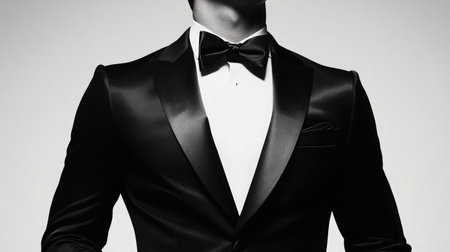 A sleek, black satin tuxedo jacket with a timeless silhouette.の素材