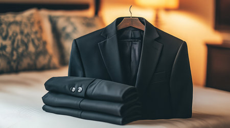 A professional dark suit jacket neatly folded on a clean surface.の素材