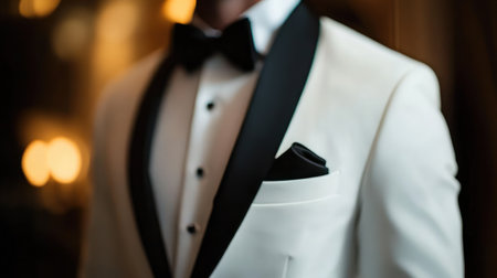 A crisp white dinner jacket with black contrast lapels and buttons.の素材