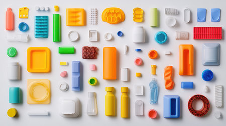 A collection of plastic containers, bottles, and caps in various colors.の素材