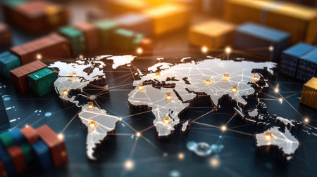 A logistics network map displayed on a futuristic digital interface.の素材