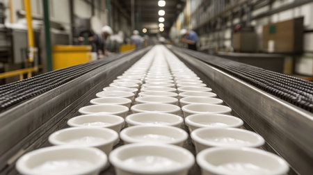 A long conveyor belt moving freshly molded ceramic items through a drying process.の素材