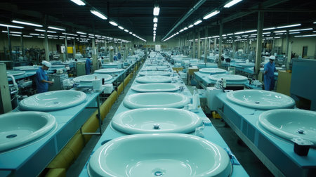 A factory setting where ceramic sinks and bathtubs are being produced.の素材