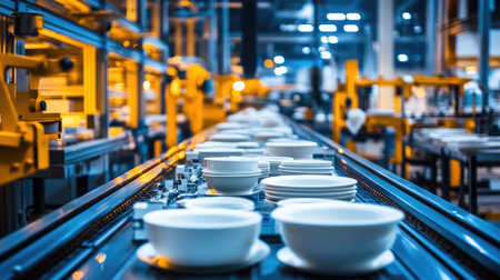 A large automated conveyor belt transporting ceramic products for firing.の素材