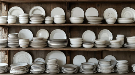 Neatly arranged ceramic plates, bowls, and cups in a factory setting.の素材
