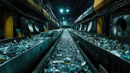 Plastic recycling plant with conveyor belts sorting different types of plastics.の素材
