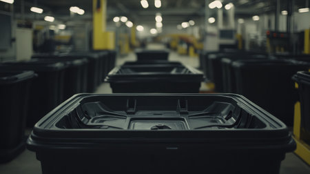 Factory setting with automated machines producing plastic electrical casings.の素材