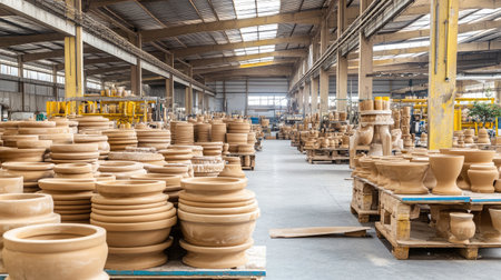 Rows of ceramic bathroom accessories stored in an industrial warehouse.の素材