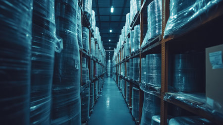 Transparent plastic film rolls stacked in a packaging warehouse.の素材