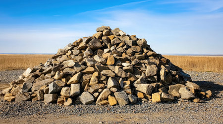 A heap of jagged stones piled high on a dry, cracked landscape.の素材