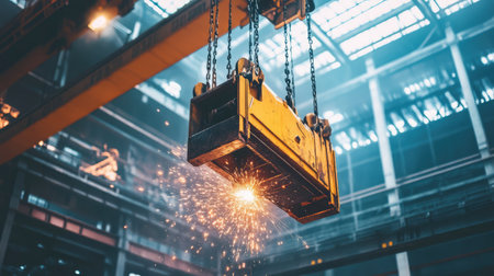 A crane lifting a second crane with sparks flying from welding equipment nearby.の素材