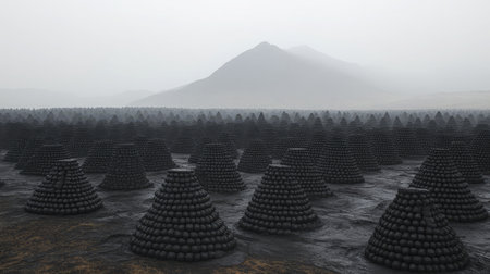 A collection of black volcanic rocks stacked in an open landscape.の素材