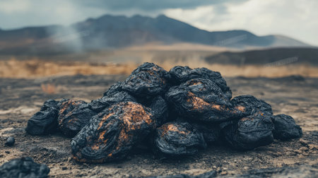 A pile of dark, porous lava rocks resting on barren land.の素材
