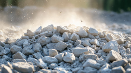 A pile of crushed gravel with fine dust particles floating in the air.の素材
