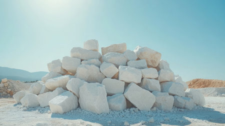 A mound of white marble rocks stacked in a quarry under the sun.の素材