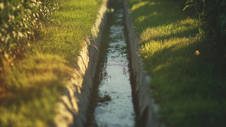 Sunset reflections on a narrow irrigation canal running through a cornfield.の素材