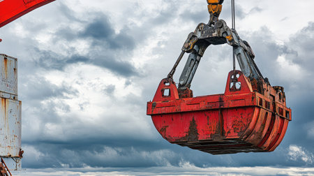 Industrial crane hoisting a second crane against a cloudy sky backdrop.の素材
