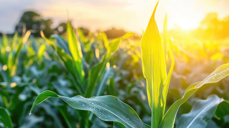 The last light of the day reflecting off dewdrops on fresh corn leaves.の素材
