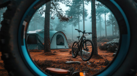 A bicycle next to a campsite deep in a remote forest location.の素材