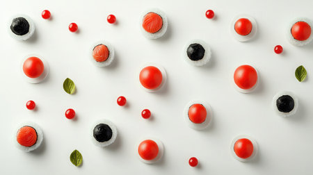 A collection of colorful sushi rolls artistically placed on a minimalist white backdrop.の素材
