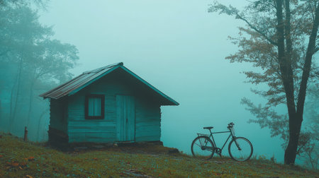 A bicycle parked near a small wooden cabin in the middle of a misty forest.の素材