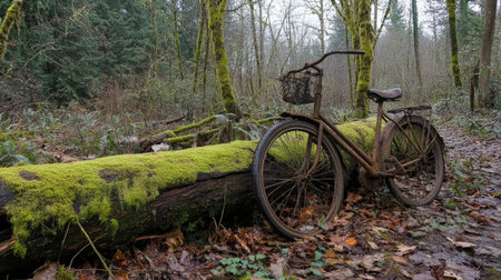 A bicycle parked next to a moss-covered fallen tree deep in the woods.の素材