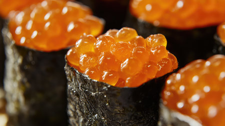 A close-up of ikura sushi with bright orange salmon roe glistening.の素材